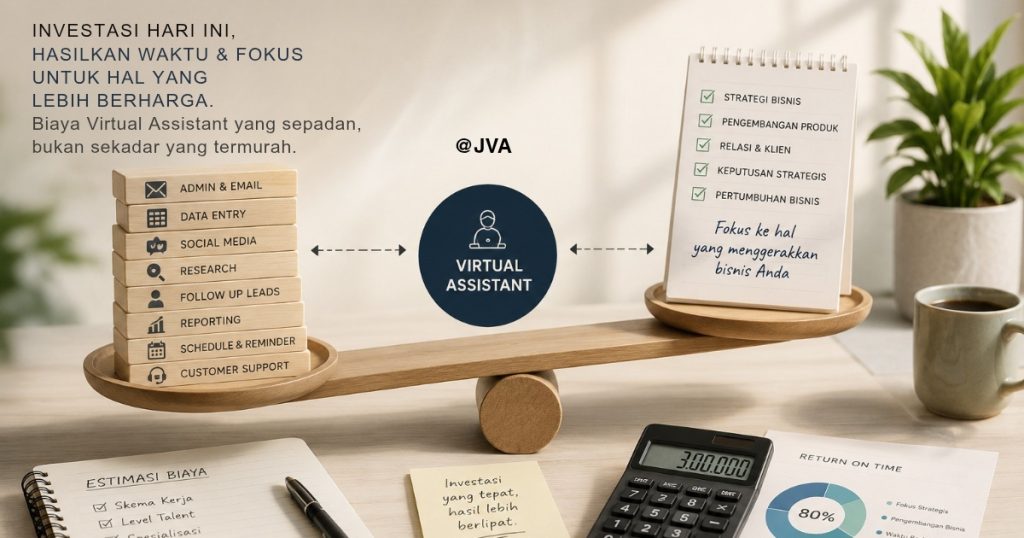 Timbangan kayu membandingkan tumpukan tugas operasional di sisi kiri dengan notepad fokus strategis di sisi kanan, menunjukkan peran Virtual Assistant dalam menyeimbangkan prioritas bisnis.