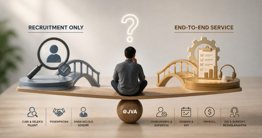 Pria bingung menimbang opsi: Recruitment Only (ikon pencarian) atau End-to-End Service (ikon manajemen & HR), di atas neraca kayu yang tidak seimbang.