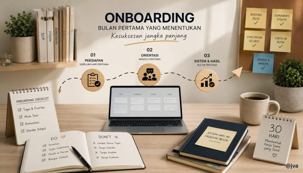 Ilustrasi infografis tahapan onboarding virtual assistant di atas meja, menampilkan grafik tiga langkah sukses bulan pertama, buku catatan checklist, secangkir kopi, dan kalender 30 hari.