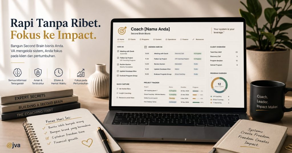 Workspace modern dengan dashboard Notion untuk coach bisnis, menampilkan agenda klien, project tracker, dan sistem kerja yang tertata rapi.
