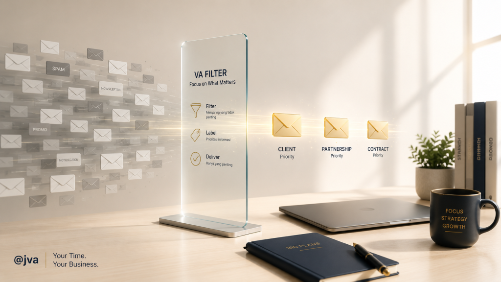 Workspace modern dengan panel filter email yang menyaring pesan menjadi prioritas penting di meja kerja minimalis.