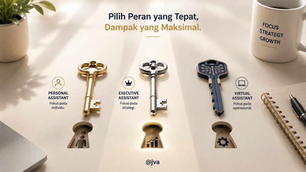 Tiga kunci berbeda di atas meja kerja modern mengarah ke lubang kunci masing-masing, melambangkan pilihan antara Personal Assistant, Executive Assistant, dan Virtual Assistant.