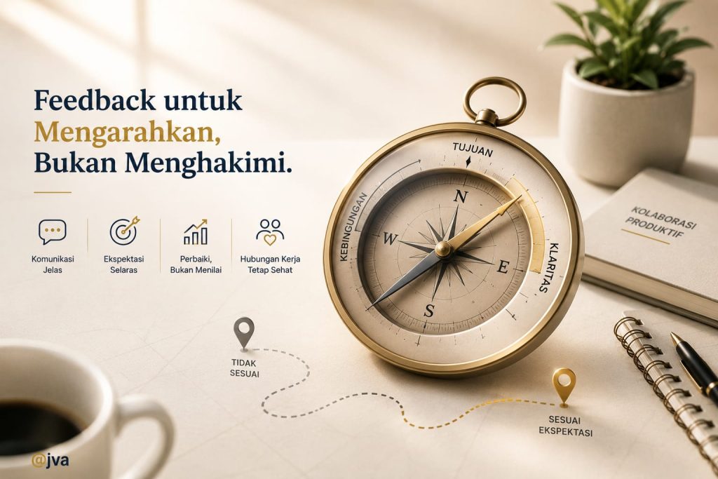 Ilustrasi kompas di atas meja kerja sebagai simbol arahan dan kalibrasi, dengan jalur penunjuk menuju tujuan yang jelas.