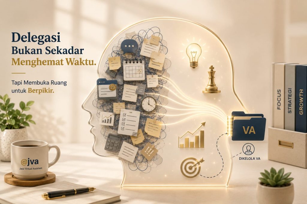 Ilustrasi kepala transparan dengan tugas berubah menjadi ruang strategis melalui delegasi ke virtual assistant di meja kerja modern.