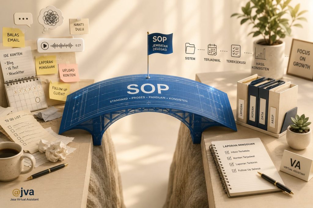 Ilustrasi meja kerja dengan binder SOP terbuka, checklist, sticky notes, dan alur kerja visual sebagai panduan delegasi tugas virtual assistant.
