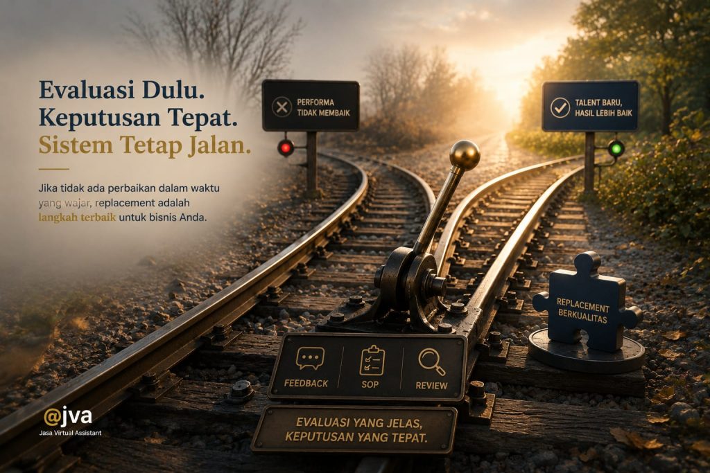 Rel kereta bercabang dengan tuas pengalih jalur, rambu arah, dan penanda evaluasi sebagai simbol pengambilan keputusan.