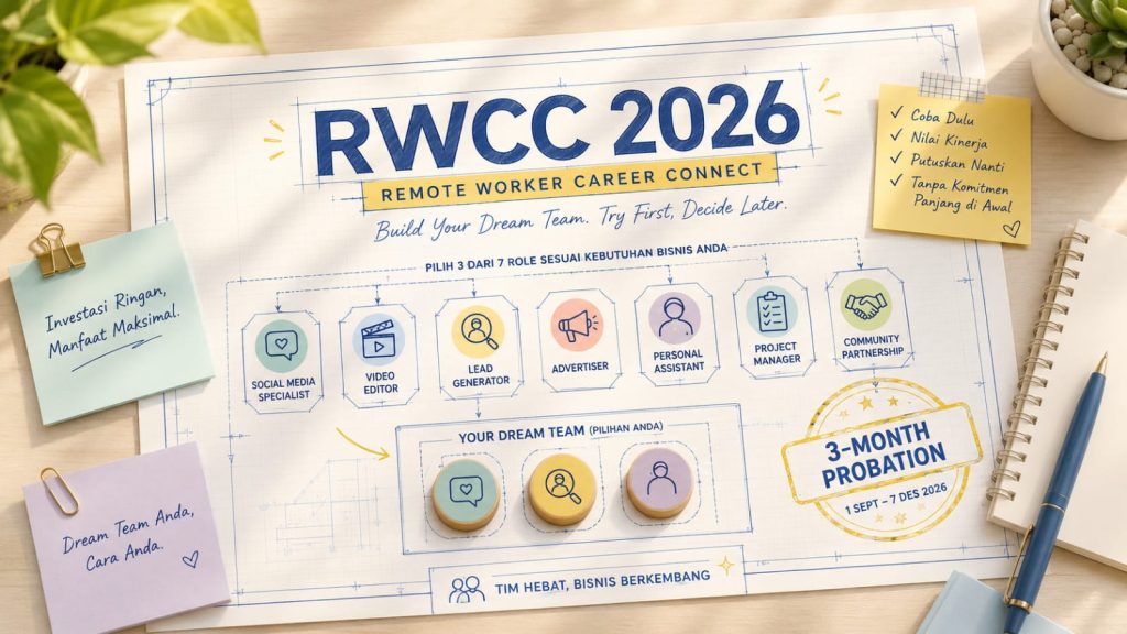 Blueprint bertema RWCC 2026 dengan pilihan role Dream Team, stempel probation 3 bulan, dan elemen kerja modern bernuansa terang di atas meja minimalis.