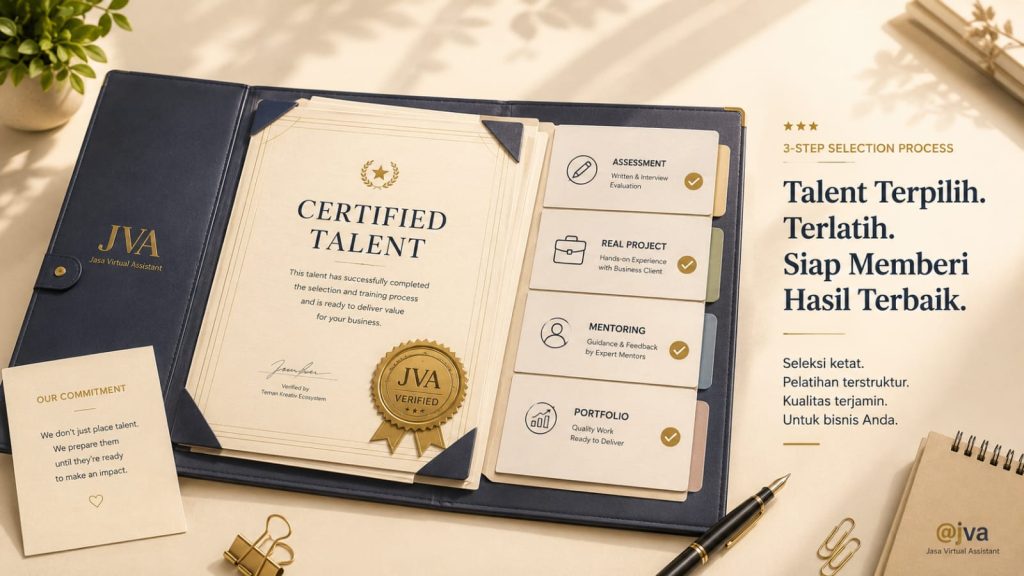 Folder portofolio JVA terbuka berisi sertifikat talent, checklist proses seleksi dan pelatihan, serta elemen kerja profesional bernuansa hangat krem dan emas.