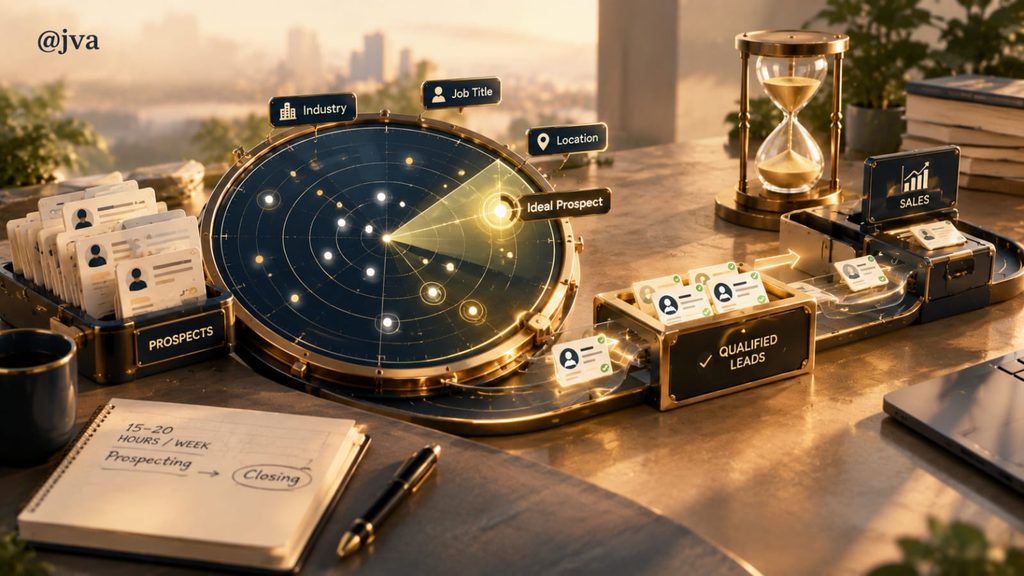 Ilustrasi 3D bernuansa emas menampilkan radar bercahaya, kartu prospek, kotak qualified leads, conveyor, jam pasir, dan meja kerja dengan laptop serta buku.