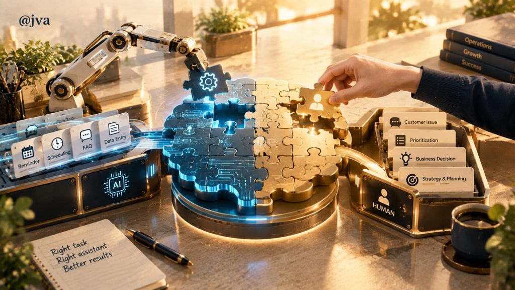 Ilustrasi 3D menampilkan puzzle berbentuk otak, lengan robot dan tangan manusia, kartu tugas, serta meja kerja bernuansa emas dan biru.