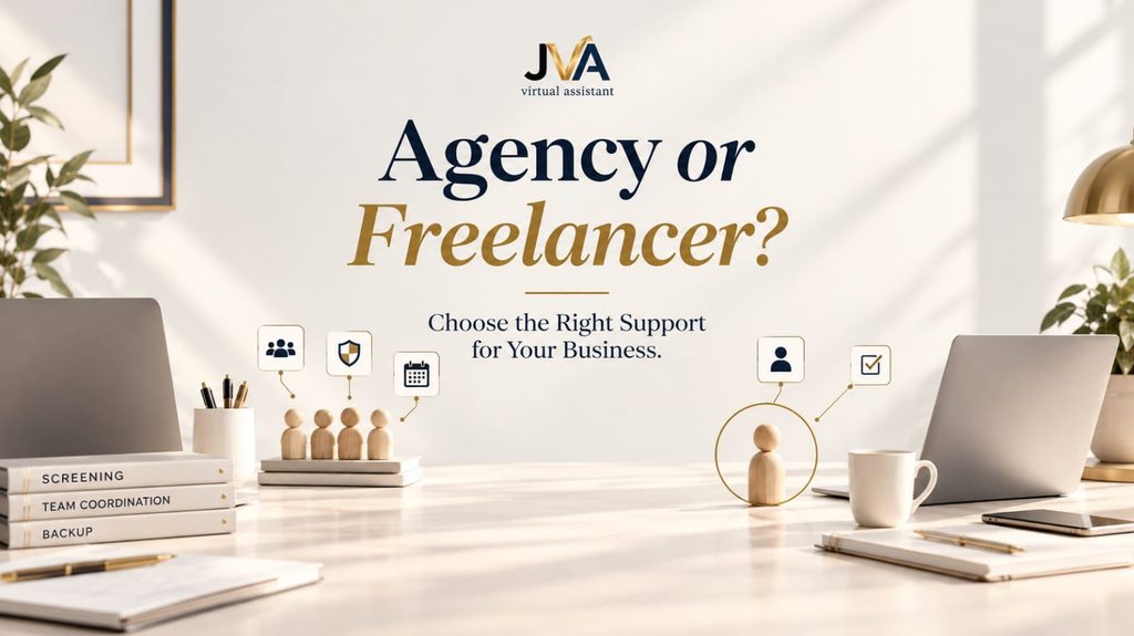 Office desk with laptops and wooden figures comparing a virtual assistant agency and a freelancer under text asking Agency or Freelancer?
