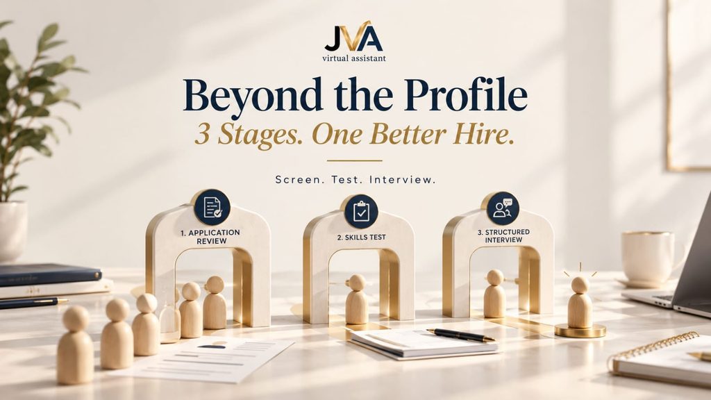 Three gold-trimmed arches represent application review, skills testing, and structured interviews, guiding wooden candidate figures toward a selected finalist on a cream desk.