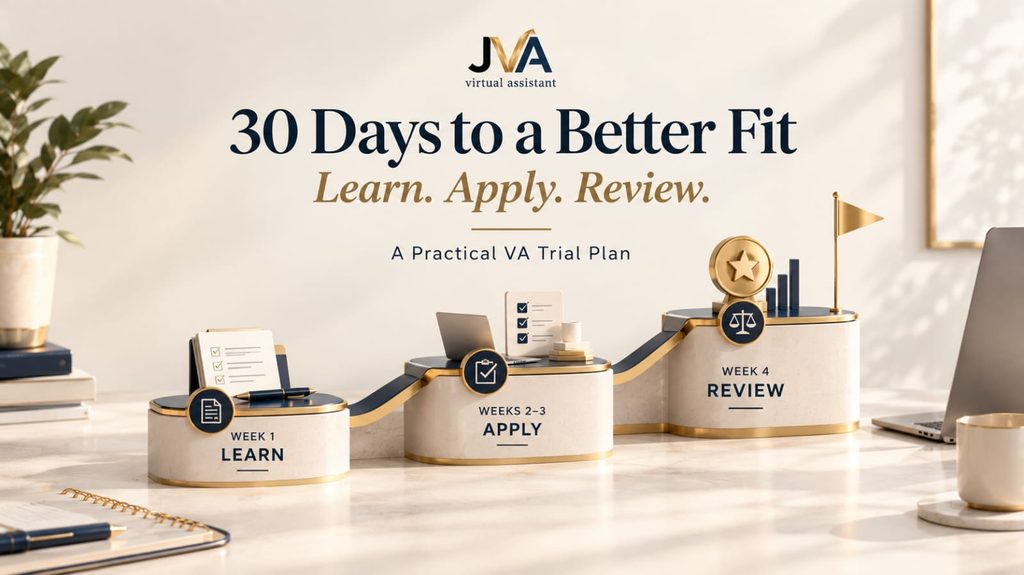 A 30-day virtual assistant trial plan illustrated with three rising platforms labeled Learn, Apply, and Review, in a cream, navy, and gold workspace.