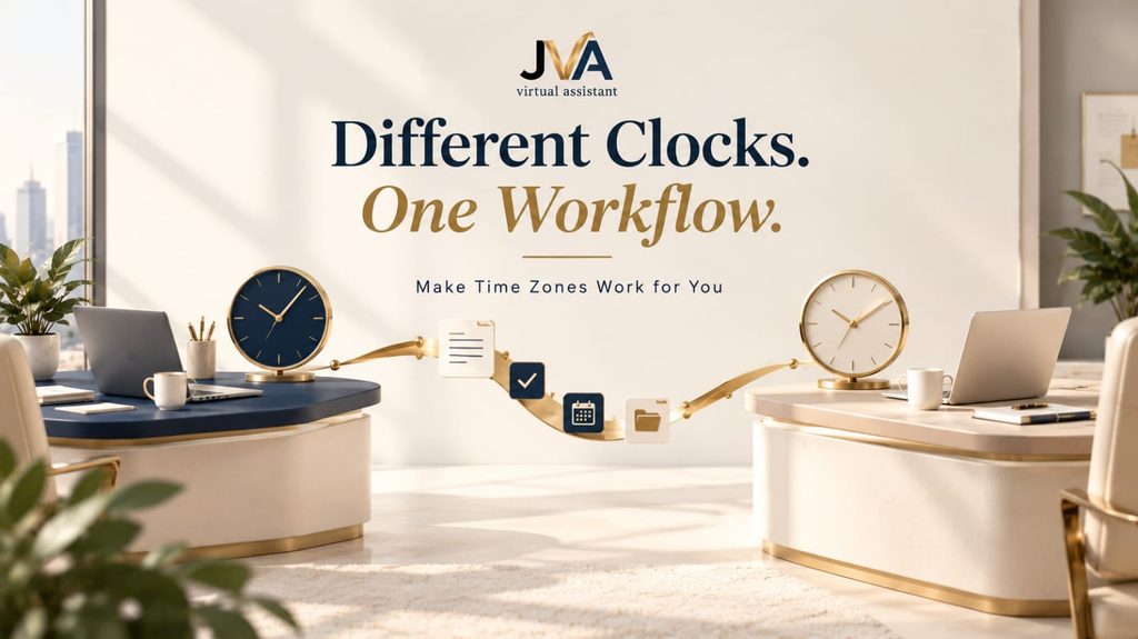 Two elegant workstations with clocks showing different times, connected by a golden workflow path with task icons, illustrating remote collaboration across time zones.